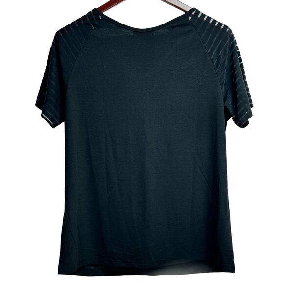 Miholl Women's Black V-Neck Top With Sheer Striped Sleeves - Size Large - Picture 2 of 5